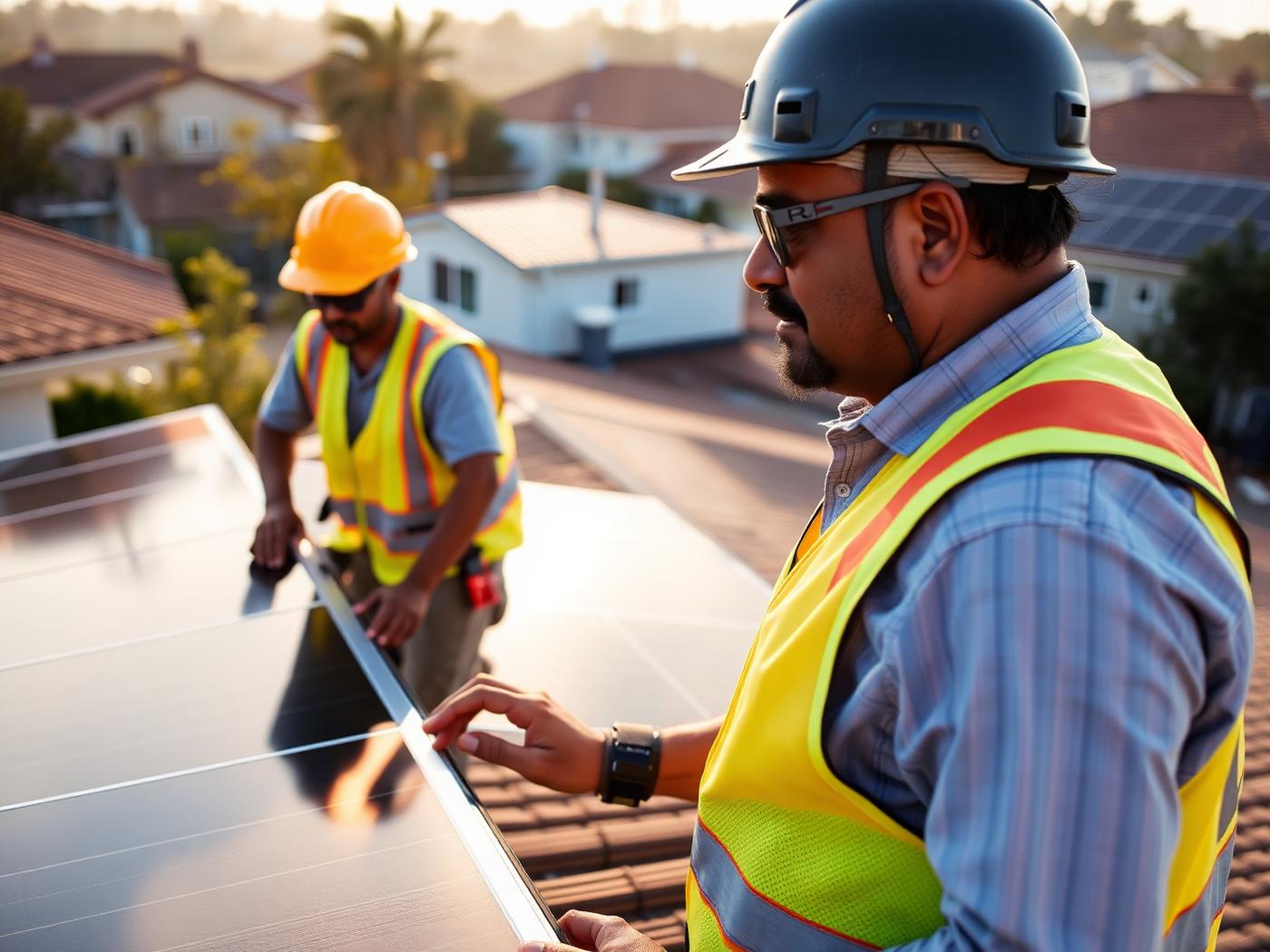 Engineers installing solar panels on an Indian rooftop